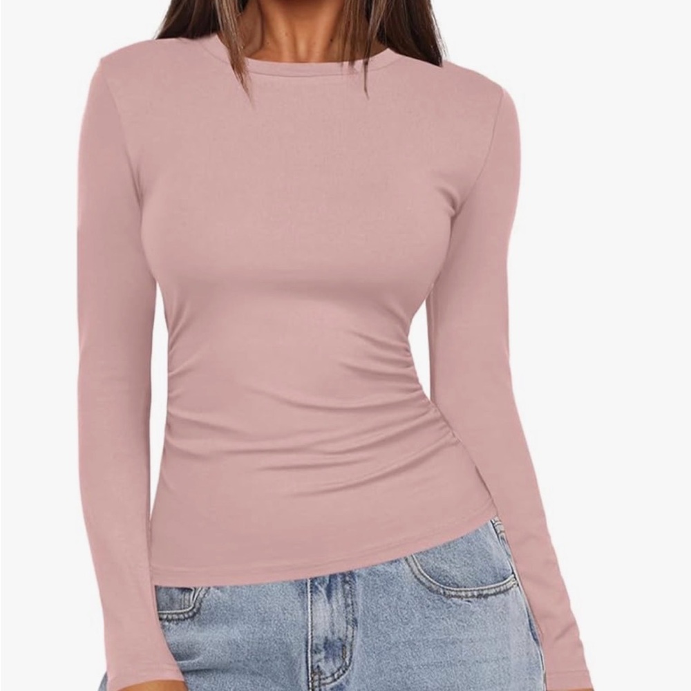 Ribbed Long Sleeve Top Mauve Pink Fitted Tee | XS